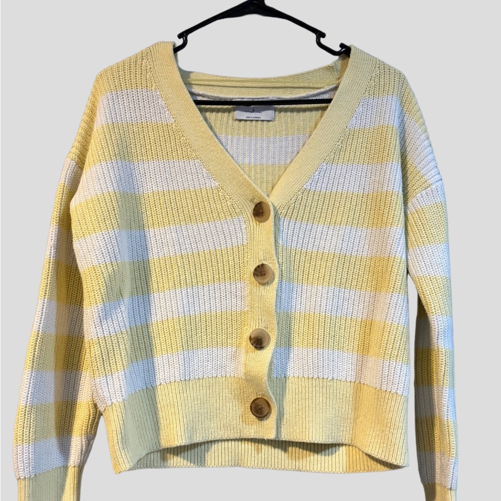 Old Navy Yellow and White Striped Cardigan Sweater
